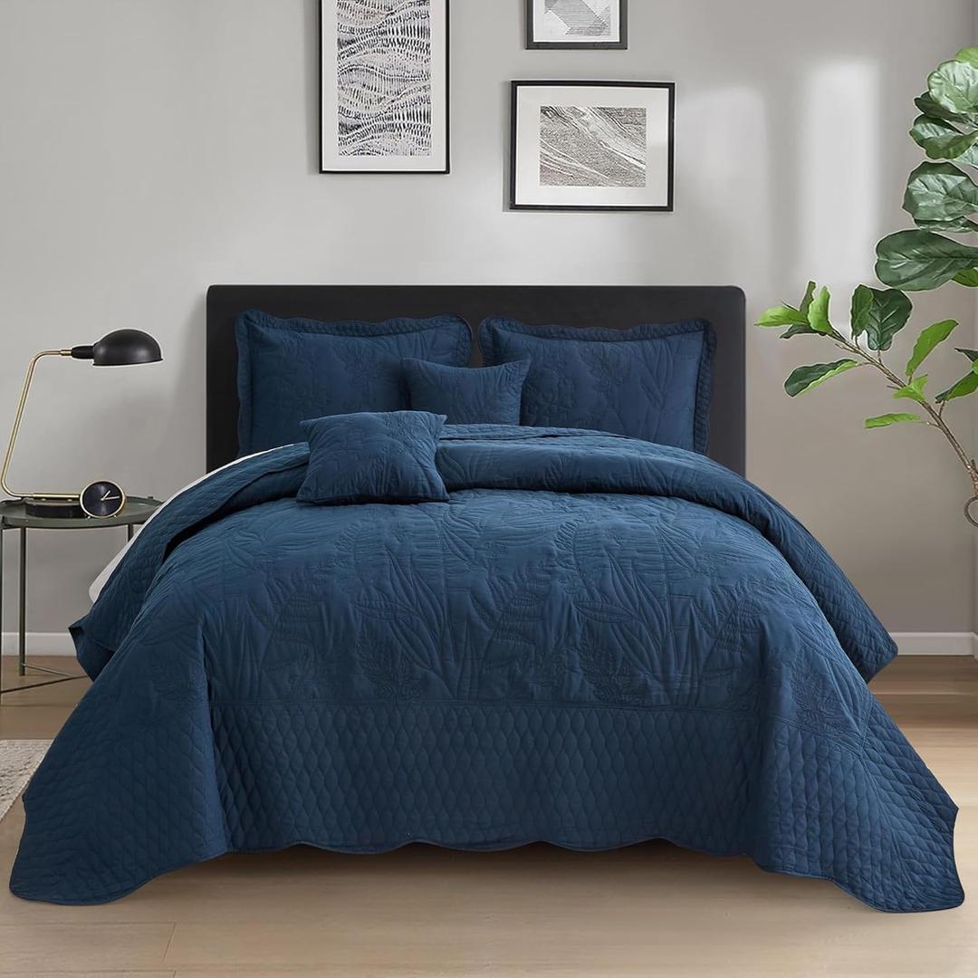 Botanical Bedspread Full Size - Leaves Pattern Stitching Quilt Set - Elegant & Fresh Style Bedding Coverlets, Reversible, Lightweight, 5 Piece, Navy (Full(96"x110"))