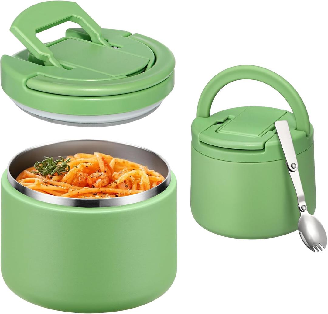 Itslife 14oz Vacuum Insulated Soup Thermos for Hot Food, Kids Lunch Container with Leakproof Buckle Lid, Wide Mouth Stainless Steel Food Jar with Spoon (Green)