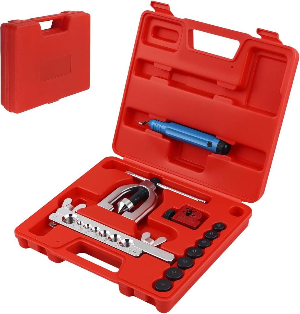 2026 Upgraded Brake Line Flaring Tool Kit,Professional Double & Single Brake Flare Tool Kit with 7 Adapters & Cutter/De-Burrer,Portable Brakes Line Repair Kits for Most Vehicles