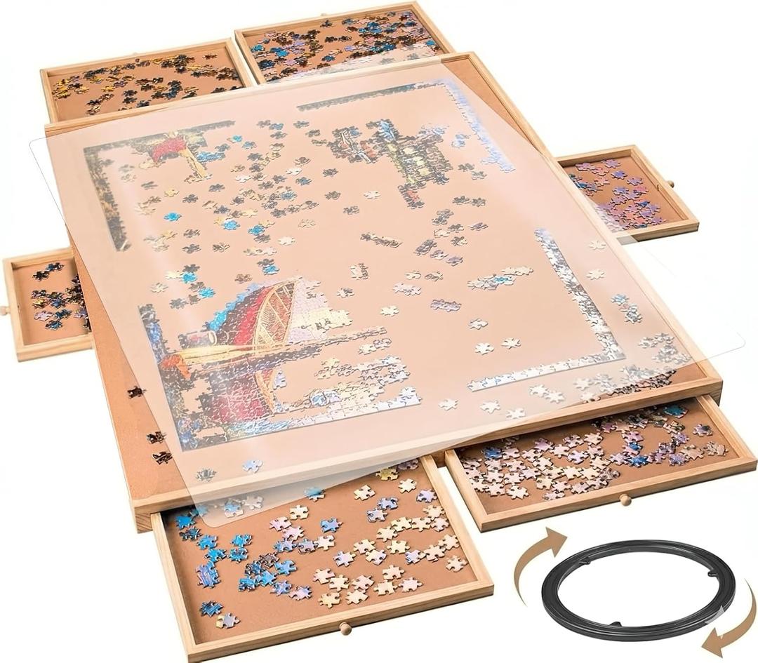 1500 Piece Rotating Wooden Puzzle Board for with 6 Storage Drawers & Protective Cover Jigsaw Puzzle Table - for Adults & Families Home Entertainment & Puzzle Building