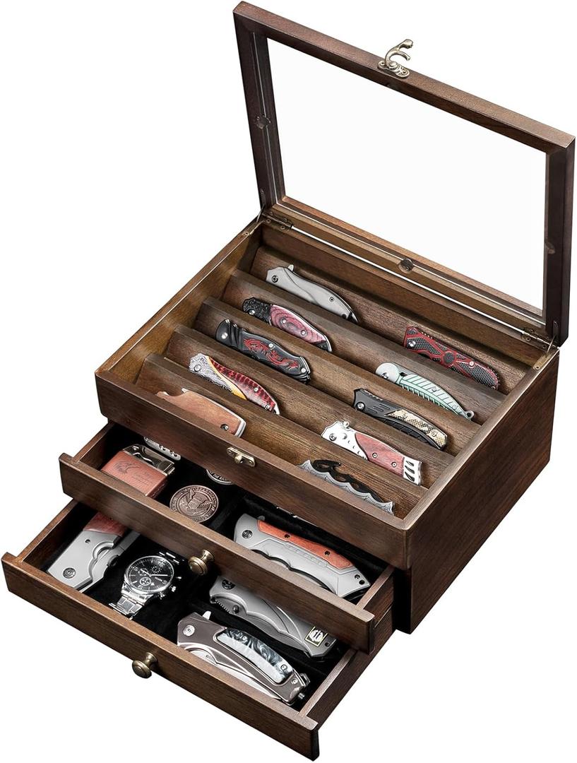 amoard Knife Display Case, Knife Collection Display Holder with Glass Lid, 3-Layer Wooden Pocket Knife Case with Drawers (Walnut)