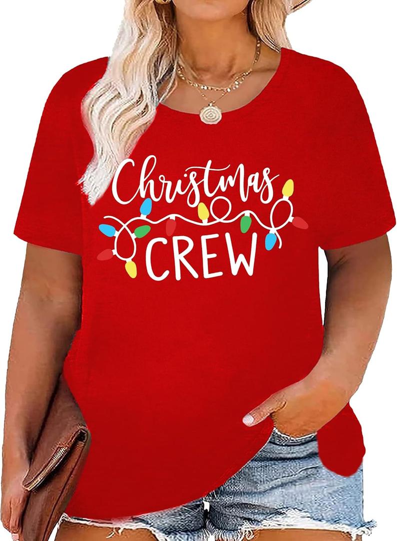 Plus Size Women's Christmas Crew Shirt - Graphic Tee with Xmas Lights Design - Holiday Top (XX-Large Plus, Red)
