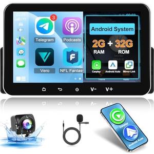 [2+32G] Single Din Android Car Stereo 7 inch Touch Screen Radio with Wireless Carplay & Android Auto/Mirror Link/EQ Audio/FM Radio/Bluetooth/SWC/GPS Navigation + AHD Backup Camera