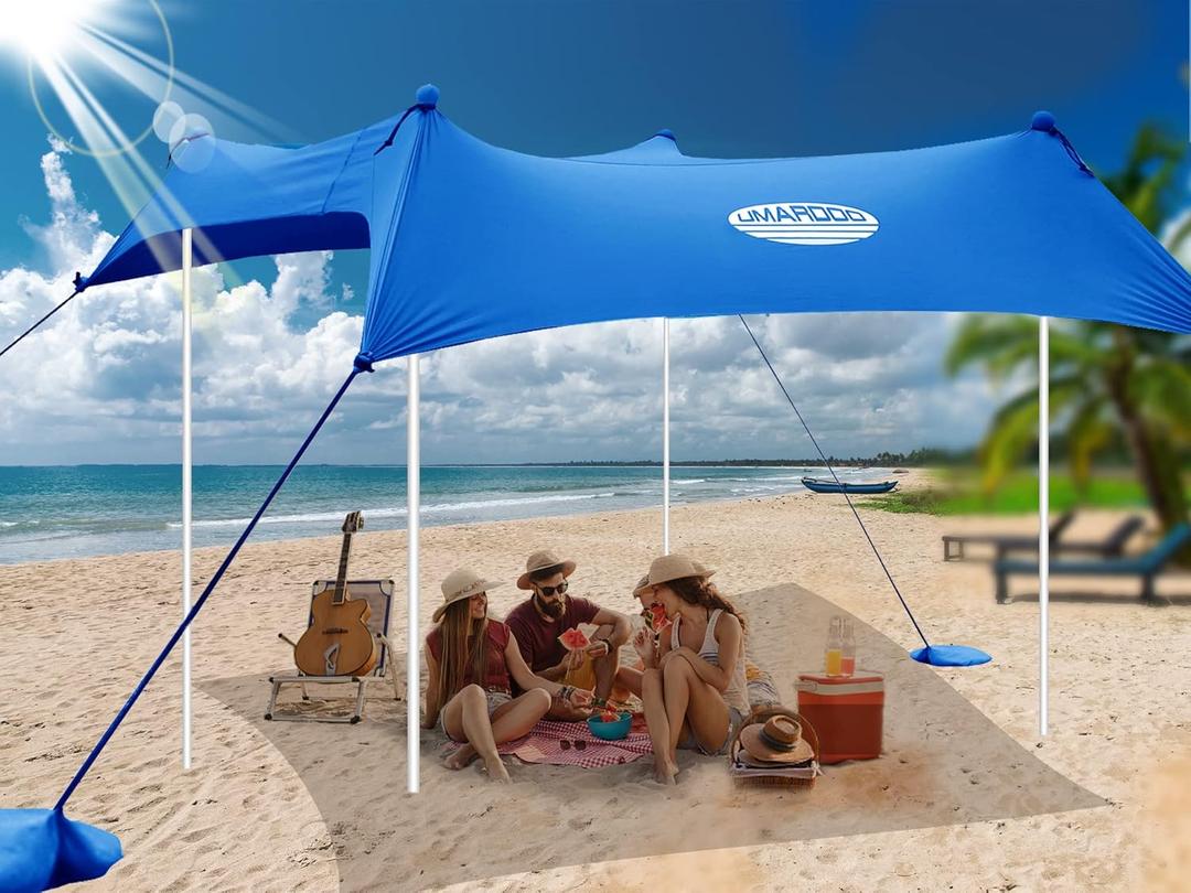 UMARDOO Family Beach Tent Canopy Sun Shade Portable 1010FT, Large Wind Resistance Beach Sun Shelter Easy Setup with Packable Carry Bag for Outdoor Travel UPF 50+ (Blue) (10X10 FT. 4Poles)