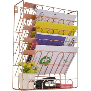 Spacrea Hanging File Holder Organizer - 6 Tier Wall Mount File Organizer for Women, Hanging Wall File for Office, School or Home, Rose Gold