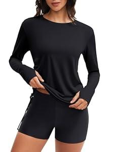 ATTRACO Rash Guard Set Women SPF Long Sleeve Fishing Shirts 2 Piece Bathing Suits with Shorts Black L