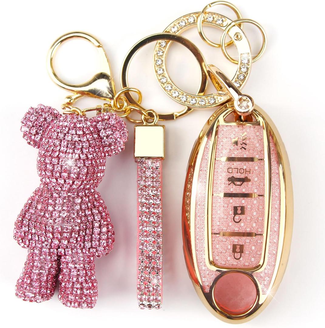 Cute Key Fob Cover with Rhinestone Bear Charm, Bling TPU Smart Key Case for Women, Compatible with Nissan Altima Murano Juke Sentra Rogue Pathfinder Titan Maxima Kicks (4-Button, Gold Pink)
