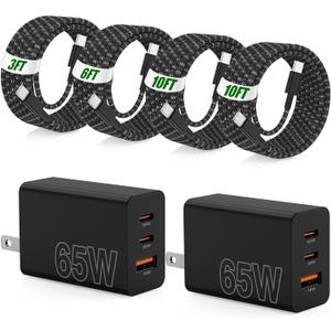 65W Super Fast Charger Type C for Samsung,3 Port 100W PD Quick Charging 3.0 USB C Block & 3/6/10/10FT Braided Type C Cord for Samsung Galaxy S26 Ultra/S26/S25 Ultra/S24/Android/iPhone 17/Laptop
