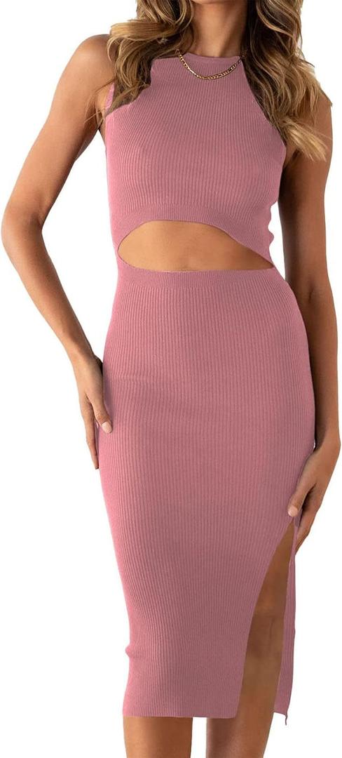 PRETTYGARDEN Women's Summer Midi Bodycon Dresses Casual Crew Neck Side Slit Sleeveless Knit Cut Out Tank Top Dress (Pink, XL)