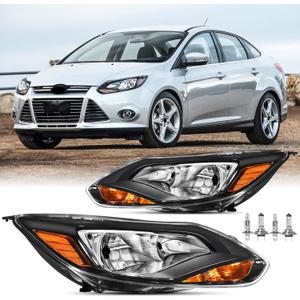 2PCS Headlights Assembly With Bulbs For 2012 2013 2014 Ford Focus SE SEL Titanium Base Hatchback Sedan Replacement Halogen Headlamps Driver and Psaaenger Side Black Housing Amber Reflector