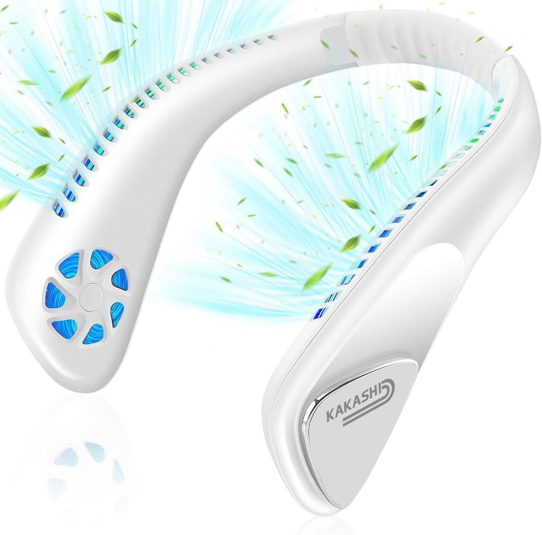 Kakashi 6000mAh Portable Neck Fan Rechargeable, Bladeless Operated Wearable Personal Fan with 3 Speeds, 360Cooling Leafless Hanging Neck Fan Blow Cold Air for Travel Outdoor (White)