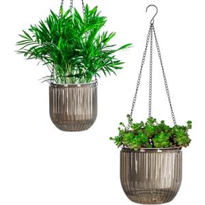 Josteve 5.2/8.2 Inch 2 Pcs Self Watering Hanging Planter Indoor Plant Pots Drainage Holes, Outdoor Small Hanging Planters Flower Pot Basket, Visible Water Level, Plant Hanger Home Decor, Gardening (Gray)