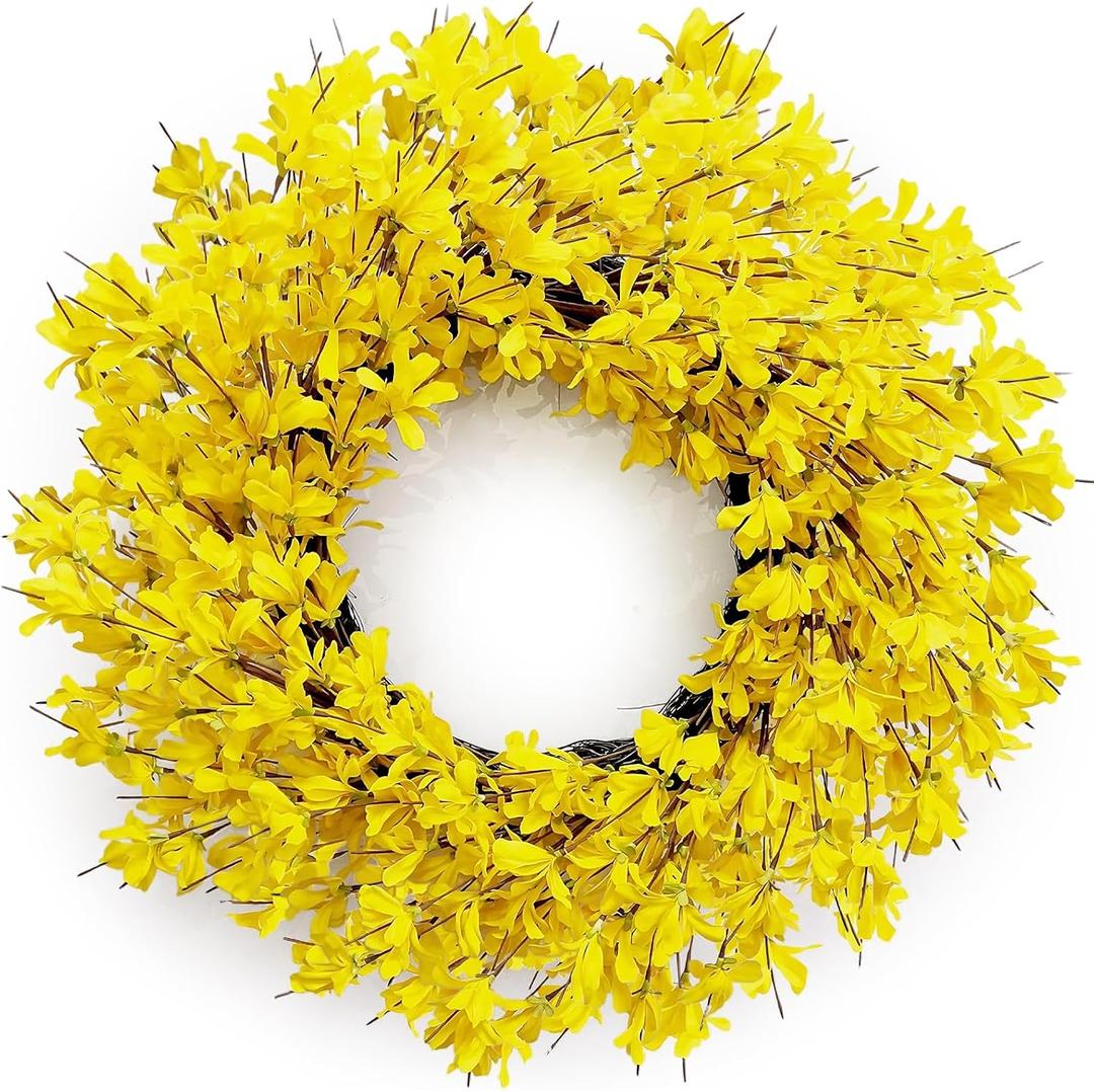 Spring Wreaths for Front Door, 24 Inch Yellow Forsythia Spring Door Wreath, Farmhouse Spring Door Wreaths on Grapevine for Celebration Wall Window Decoration Hanging