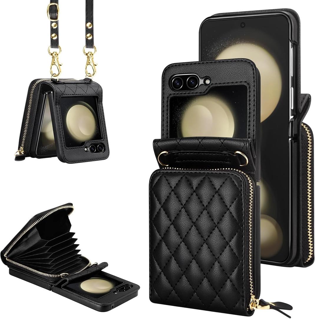 Vofolen Case for Samsung Galaxy Z Flip 5 with Card Holder, Crossbody 8-Card Slots Wallet Case with Adjustable Strap Soft PU Leather Protective Zipper for Women Girls, Black