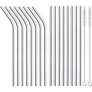 16 Pack of Reusable Stainless Steel Metal Straws, 8 Straight + 8 Bent 8.5 inch Metal Straws with 2 Cleaning Brushes, Straw Compatible with 20oz Stanley Cup