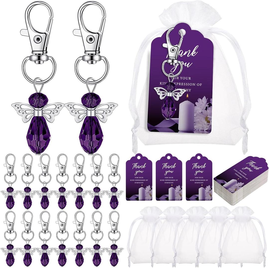 Hicarer 60 Set Funeral Favors, Celebration of Life Favors Angel Keychains Organza Bags Sympathy Thank You Tags for Memorial Party Supplies Guest Return Favors Funeral Gifts (Purple)