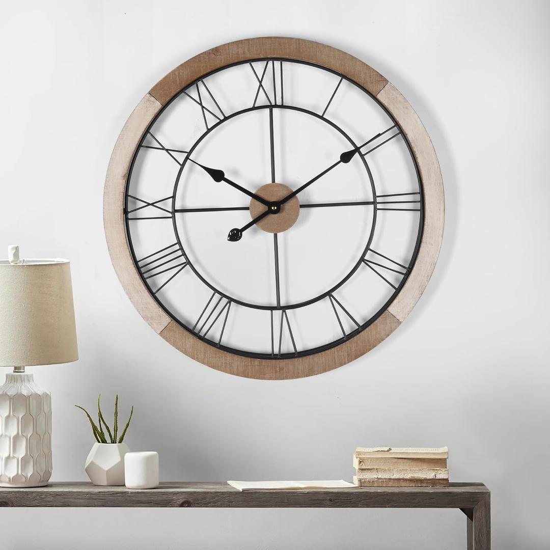 Wall Clock for Living Room Decor, 24'' Big Wall Clocks for Office, Rustic Clock Battery Operated, Distressed White Roman Numeral Clock, Round, Wood Wall Clock (24inch)