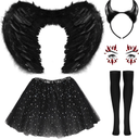 Hillban Halloween Angel Costume With Feather Wings, Tutu Skirt, Headband, Devil Horns, Socks, and Gems Stickers for Women