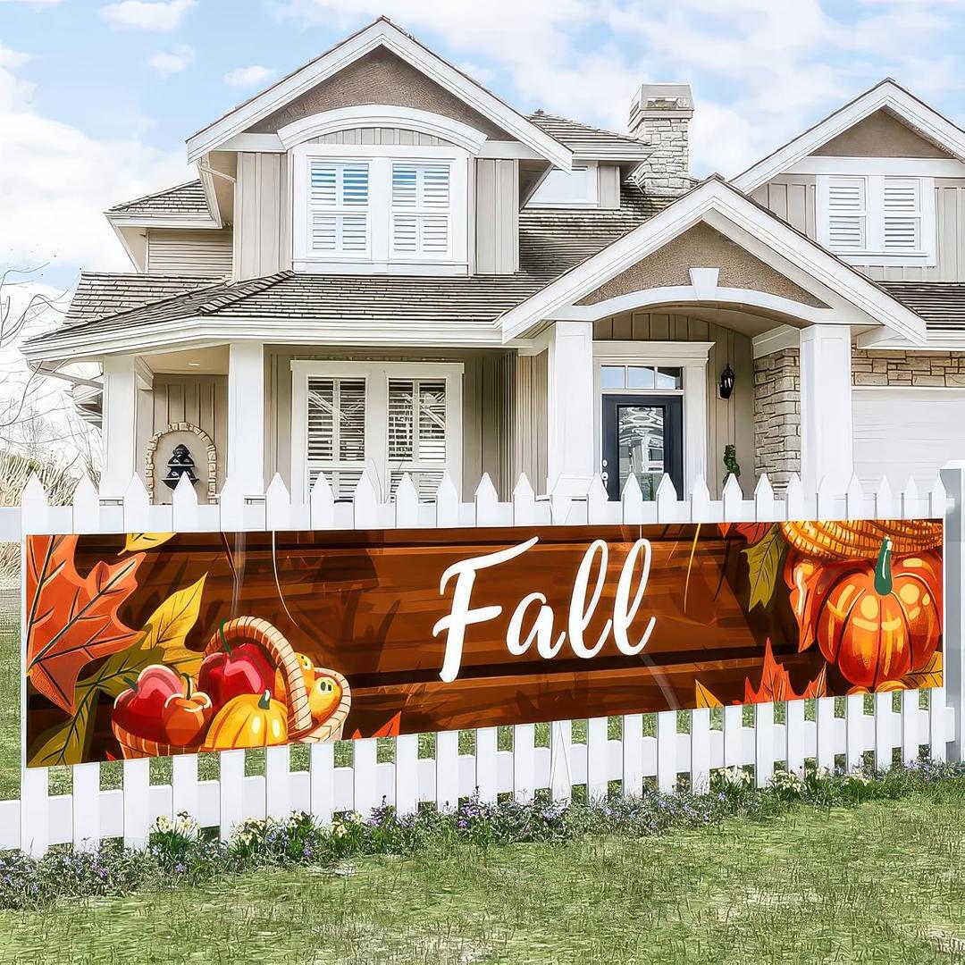 Fall Banner 118 x 20 inchs Autumn Thanksgiving Outdoor Decoration Garden Fence Banner Fall Thanksgiving Leaves Pumpkin Yard Lawn Porch Hanging Decor