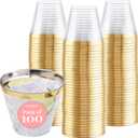 Prestee 100-Pack 9oz Gold Rimmed Plastic Cups Disposable Wine Glasses for Charcuterie, Weddings, Parties, and Events - Elegant Cocktail and Drinking Cups for Champagne, Martini, and Mocktails