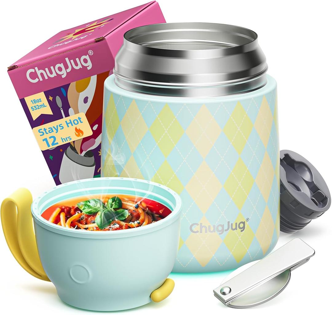 Thermo for Hot Food for Adults Kids | Wide Mouth, 18 oz Insulated Food Jar with Spoon, Leakproof Soup Thermo for School Office Travel, Thermal Steel Lunch Container Easy to Carry (Green) (18 Fluid Ounces, Mint Rrhombus)