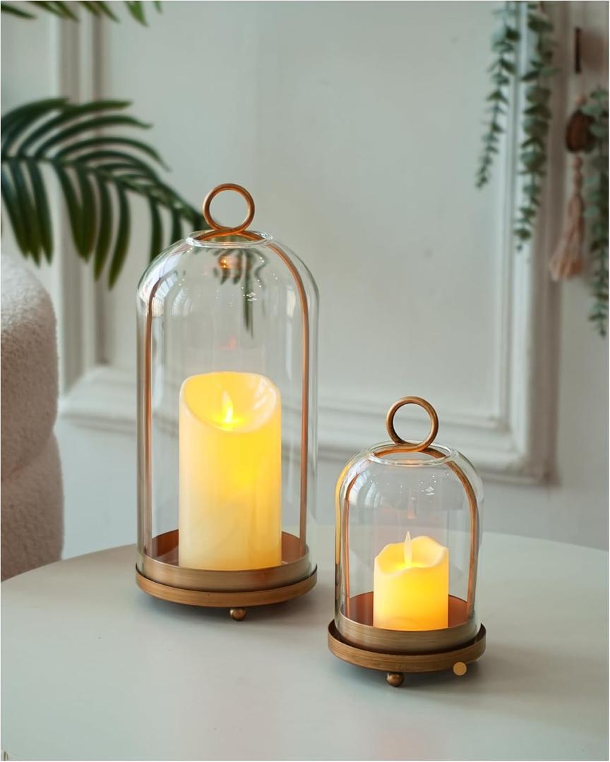 Glass Hurricane Candle Holders for Pillar Candles, Set of 2 (5" & 4" Wide) with Sturdy Glass Dome & Brass Base for Farmhouse, Shabby Chic Vintage Decor (Antique Brass)