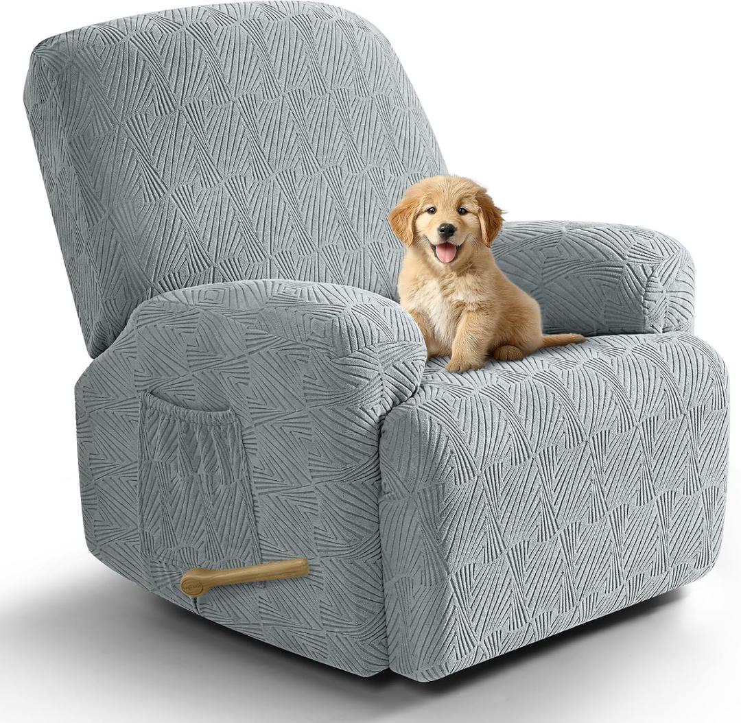 VANSOFY Recliner Chair Covers, 4-Pieces Stretch Recliner Cover Jacquard Soft Reclining Chair Slipcover Furniture Protector with Elastic Bottom for Lazy Boy Recliner(Light Gray) (1 Seat)