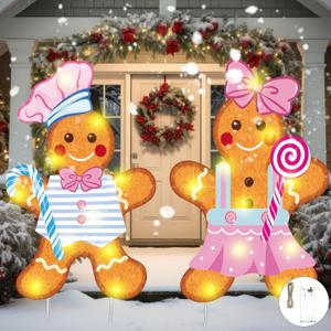 2 Pcs Christmas Decorations Outdoor Large Chef Gingerbread Metal Yard Stakes with LED String Lights Cooking Gingerbread Man Yard Sign for Xmas Lawn Garden Front Door (Modern,Pink)