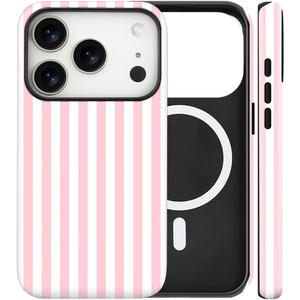 Magnetic for iPhone 17 Pro Max Case Cute Stripes Phone Case, Shockproof Slim TPU and Hard PC Protective Phone Cover Compatible with MagSafe Designed for Women Girls, Pink and White