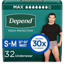 Depend Fresh Protection Adult Diapers, Incontinence Underwear for Men, Disposable, Maximum, Small/Medium, Grey, 32 Count