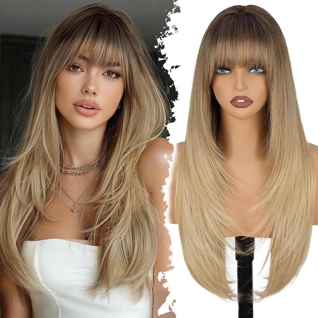 Blonde Wig with Bangs, 4x4 Realistic Scalp, Free Parting, Long Ombre Blonde Layered Wigs for Women, Realistic Natural Looking Heat Resistant Synthetic Wigs for Daily Party Cosplay Use 26Inch