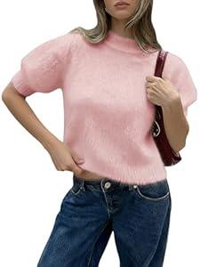 Verdusa Women's Furry Fuzzy Sweater Puff Short Sleeve Pullover Knit Sweater Cropped Sweaters, Pink, Medium