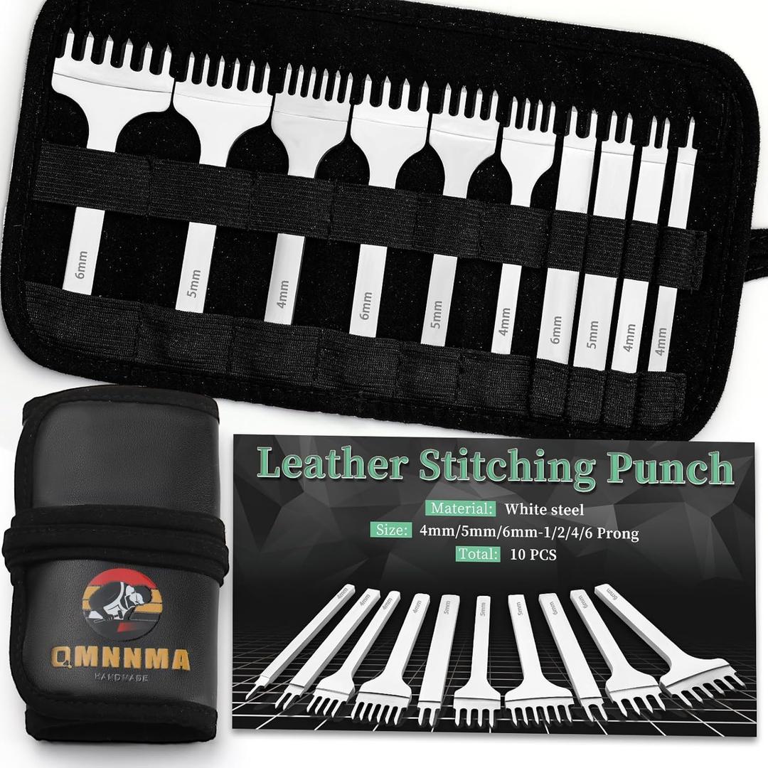 QMNNMA 10Pcs Leather Stitching Punch, Hole Punch Set Diamond Stitching Chisel Set, Multiple Sizes White Steel 1/2/4/6 Prong Leather Chisel with Storage Bag for DIY Craft
