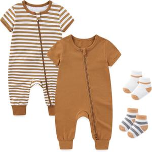 Baby Boy Girl 2-Pack Rompers with Socks 0-18M Toddler Unisex Zipper Short Sleeve Jumpsuits Clothes (9-12 Months, Brown)