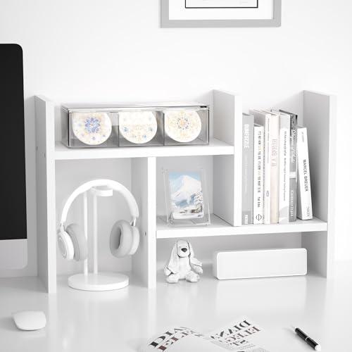 Jerry & Maggie Desktop Organizer Office Storage Rack Adjustable Wood Display Shelf Free Style Double H, Multi-Functional Mini Bookshelf for Desk Natural Stand (White)