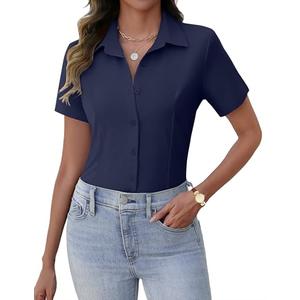 Zeagoo Womens Tops Short Sleeve Button Down Shirts Official Collar Tailored Work Blouse Summer Navy Blue L