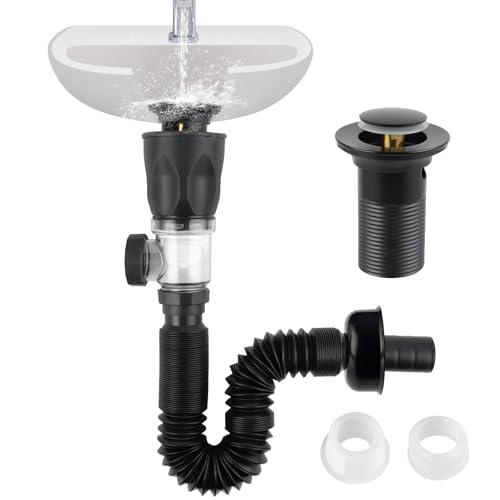 iFealClear Bathroom Sink Drain Kit, Flexible P-Trap Drain Pipe with Pop Up Stopper, Expandable Bathroom Sink Pipe Replacement with 2 Adapters, Fits 1-1/4'', 1-1/2'', 2" Holes, Hair Catcher, Black