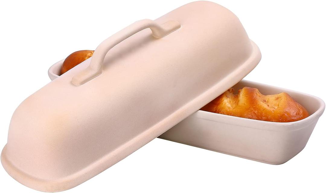 Goodview Household Superstone Covered Baker,Unglazed stoneware bakeware,Square Bread Porcelain Baking Pan,Bakes Italian Bread with Light Crumb and Crusty Crust (15.3 * 5.9 * 7 in) (Bisque)