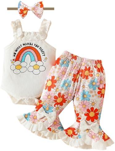 Mikccer Newborn Girl Outfits Baby Girl Summer Clothes Ruffle Romper Pant with Headband Set Infant Bodysuits, Size 0-3M