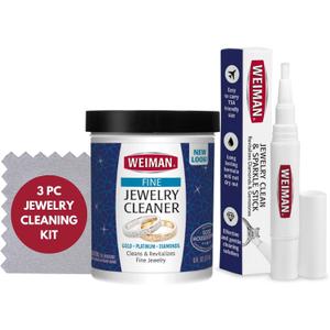 Weiman Fine Jewelry Cleaner Kit  3PC Set, Jewelry Cleaning Liquid, Clean & Sparkle Stick and Polishing Cloth  For Diamonds, Earrings, Gold, Bracelets