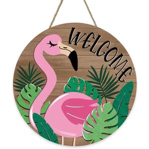Welcome Tropical Flamingo Front Door Sign, Monstera Palm Leaves Wood Hanger Outdoor Outside Porch Home Decor, Summer Hawaii Farmhouse Rustic Wooden Wreath Indoor Wall Hanging Decoration