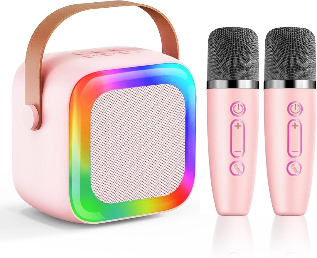 Mini Karaoke Machine for Kids Teen Adults, Kids Karaoke Machine with 2 Wireless Microphones and LED Lights Toys for Party, Home, Gifts for 4 5 6 7 8 9 10 11 12+ Years Girls Boys(Pink)