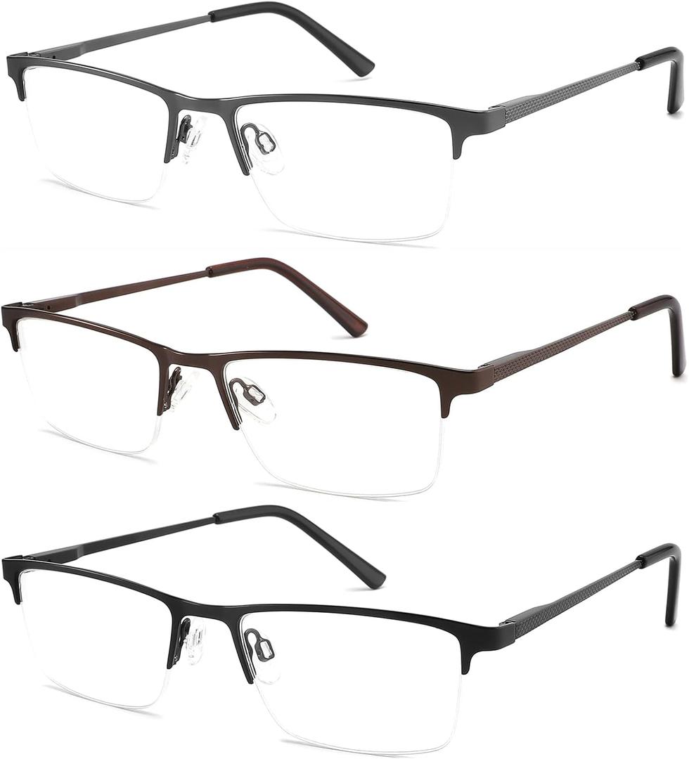 3 Pack Blue Light Blocking Reading Glasses Men Readers Anti Glare UV Metal Semi-frame Spring Hinge Lightweight Sturdy Trendy Eyeglasses 1.75+