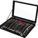 Jenseits Necklace Organizer Box, Tray with Clear Lid, Velvet Dustproof Necklaces Holder Storage Display Case, 20 Hooks Glass Top Jewelry Tray Drawer Insert for Pendant Bracelet (1-Black)