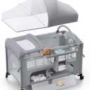 4 in 1 Baby Bassinet, Pack and Play, Bedside Crib Sleeper, Diaper Changer - Comes with Mattress, Mosquito NetBottom Storage and Toy Bar for Newborn to Toddles (Light Grey)