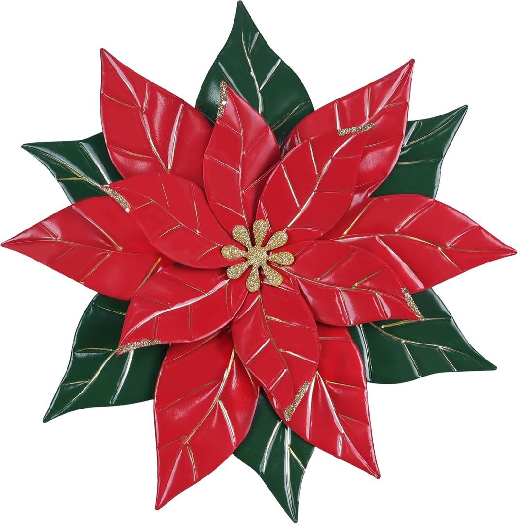 YEAHOME Christmas Wall Decorations Indoor - 16 inch Metal Flower Wall Art Decor, Poinsettia Yard Garden Decor Hanging for Kitchen, Bathroom, Bedroom, Handmade Gift for Home, Indoor or Outdoor