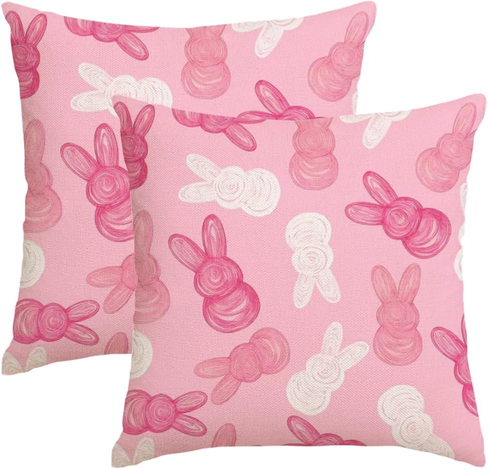 RABUSOFA Easter Pillow Covers 18x18 inch Set of 2 Easter Decorations for Home Pink Rabbit Throw Pillows for Bedroom Sofa Holiday Festivals Home Decor