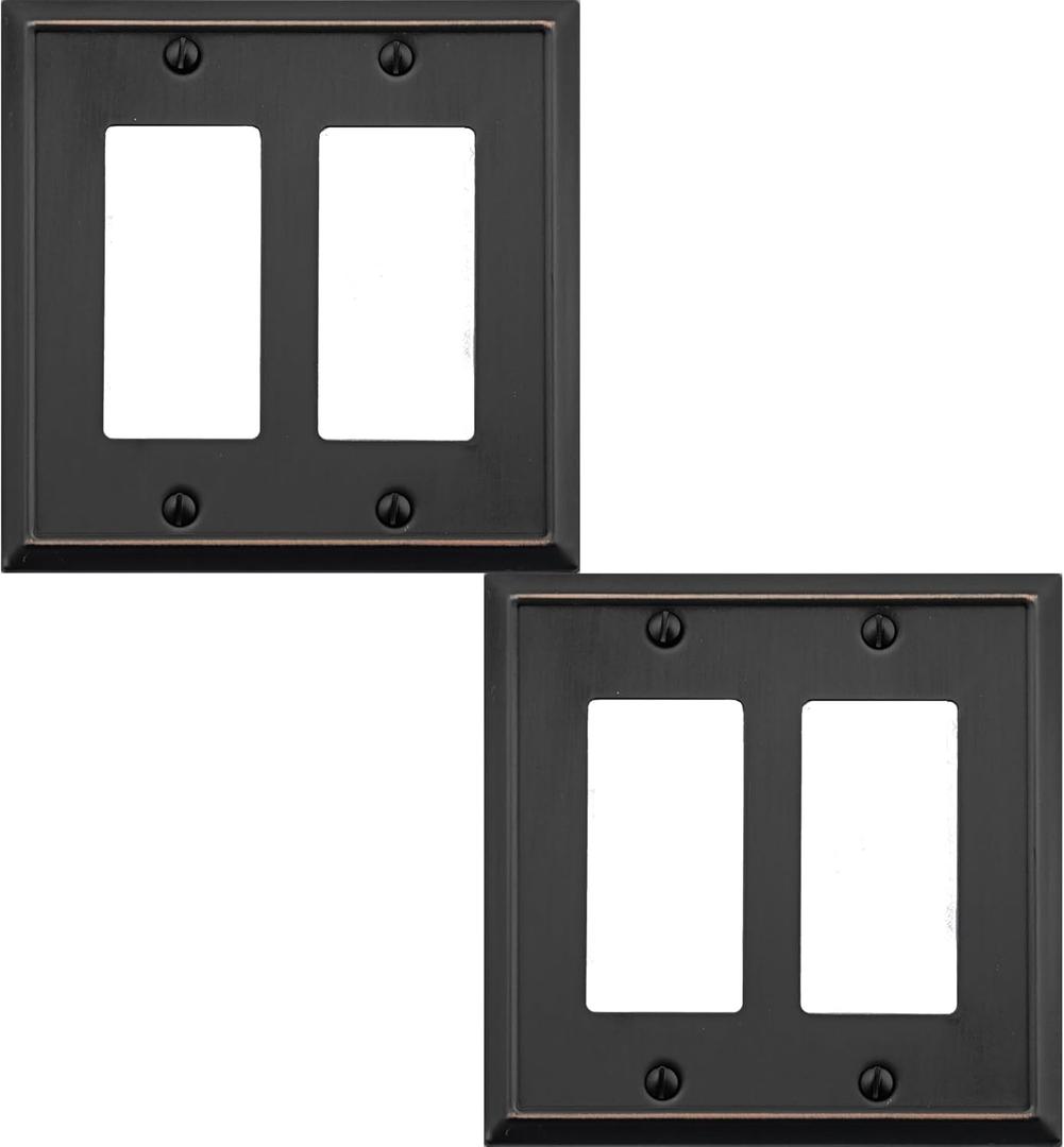 Double Decorator Light Switch Cover Aria Metal Wall Plate, 2-Pack Aged Bronze 2 Gang Double Rocker, for Receptacle Dimmer Switch GFCI Outlet, Switch Cover Decorative Wallplate, Durable