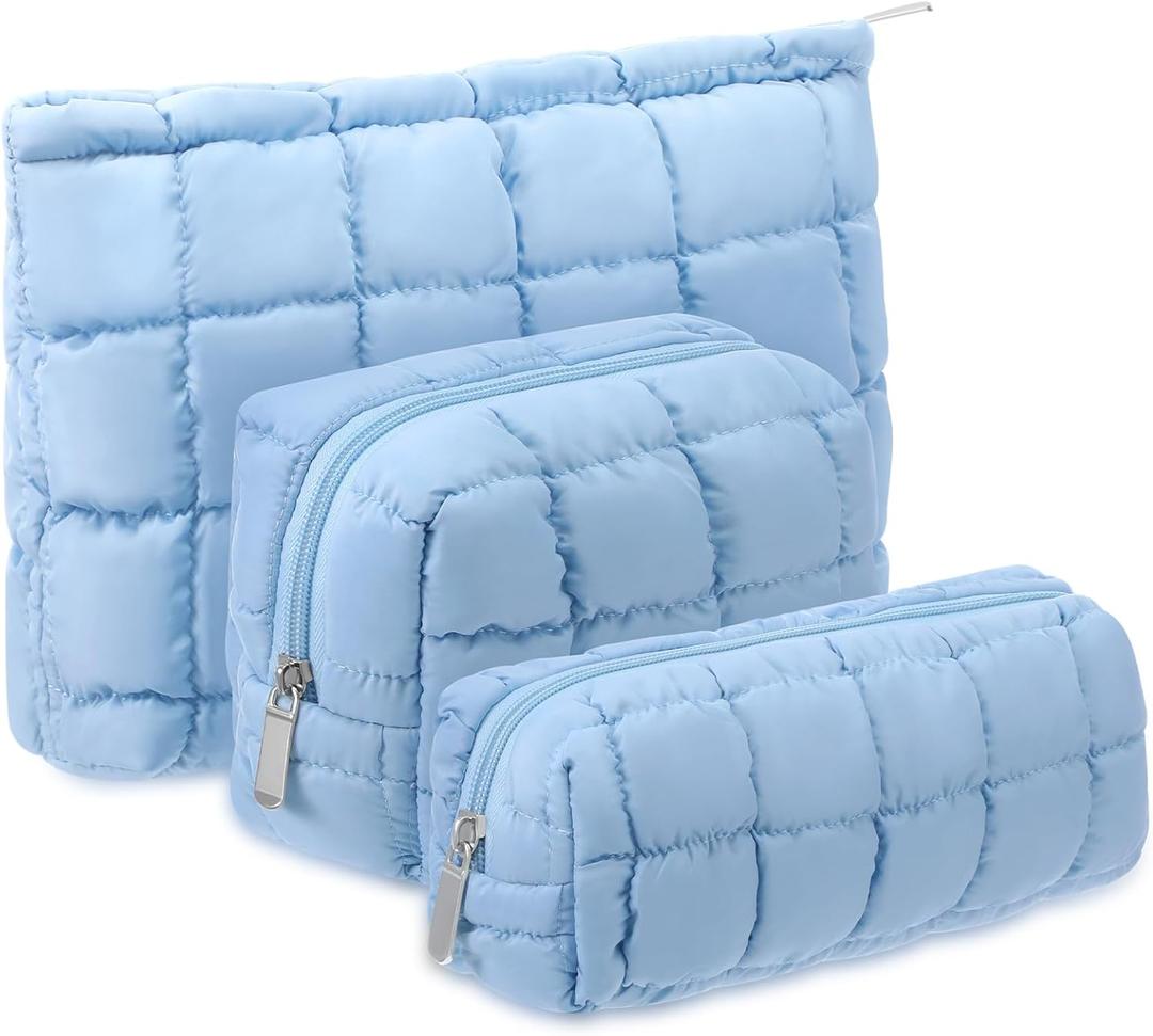 3 Pcs Puffy Makeup Bag Quilted Cosmetic Pouch for Women Cute Checkered Travel Toiletry Bag Puffer Makeup Organizer Purse Pouch Preppy Pencil Case with Zipper (Blue)