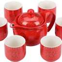 Chinese Tea Set Traditional Red Ceramic with Chinese Teapot and 6 Porcelain Teacups, Asian Gongfu Style Collection for Tea Ceremony, Chinese Wedding Gift with Fabric Box